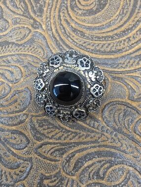 Vintage Sandor Marked Antique Style Black Polished Stone Ornate Brooch Pin